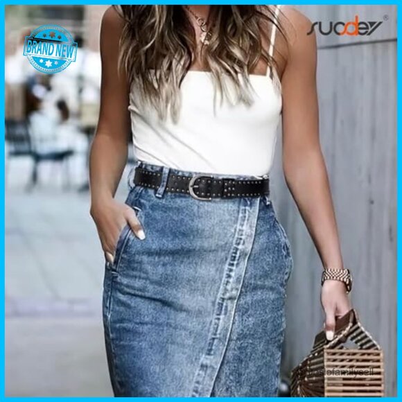 Faux Leather Belt with Rivets Silver Buckle Western Style Adjustable Waist